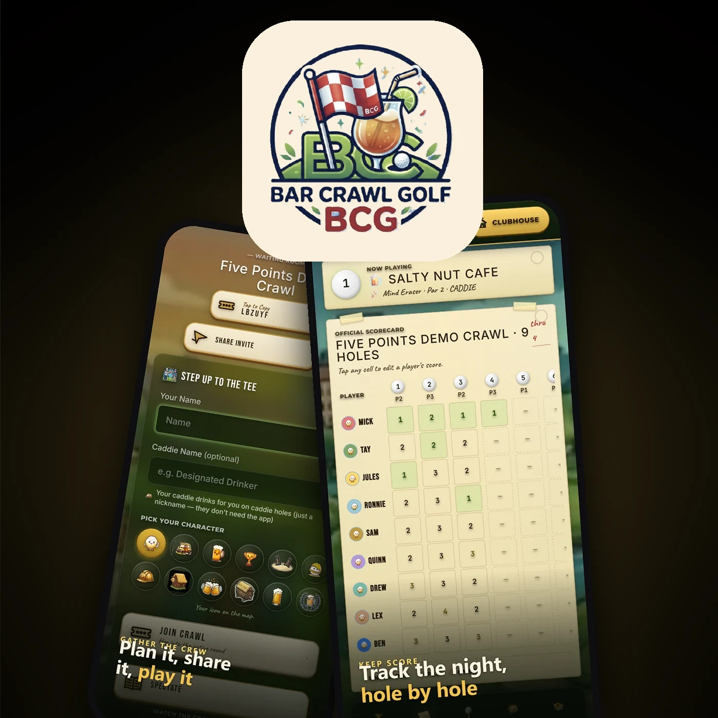Bar Crawl Golf app screens showing the lobby and live scorecard