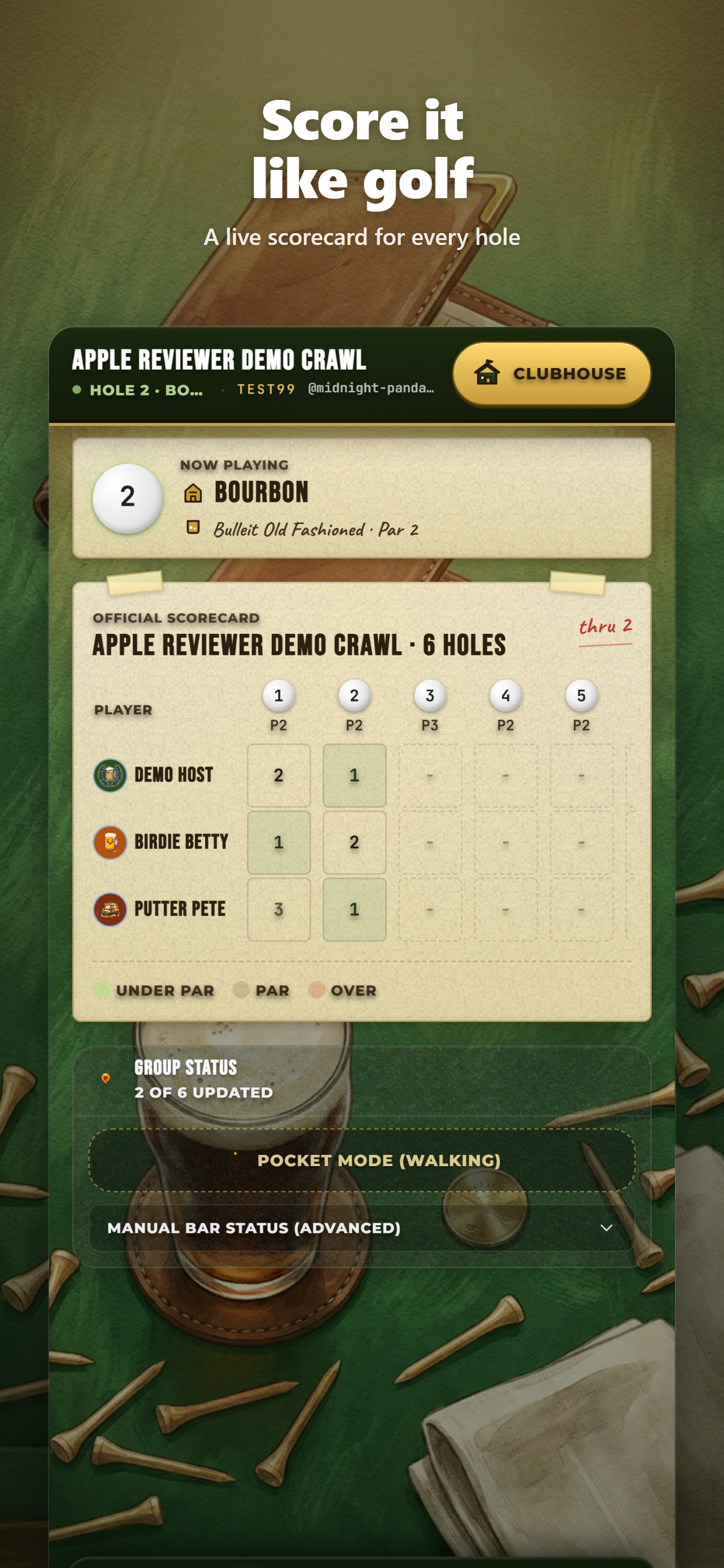 Bar Crawl Golf iOS App Scorecard
