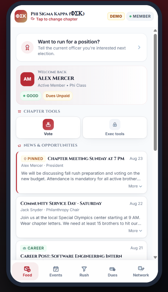 Greekstack Chapter App Mobile Interface